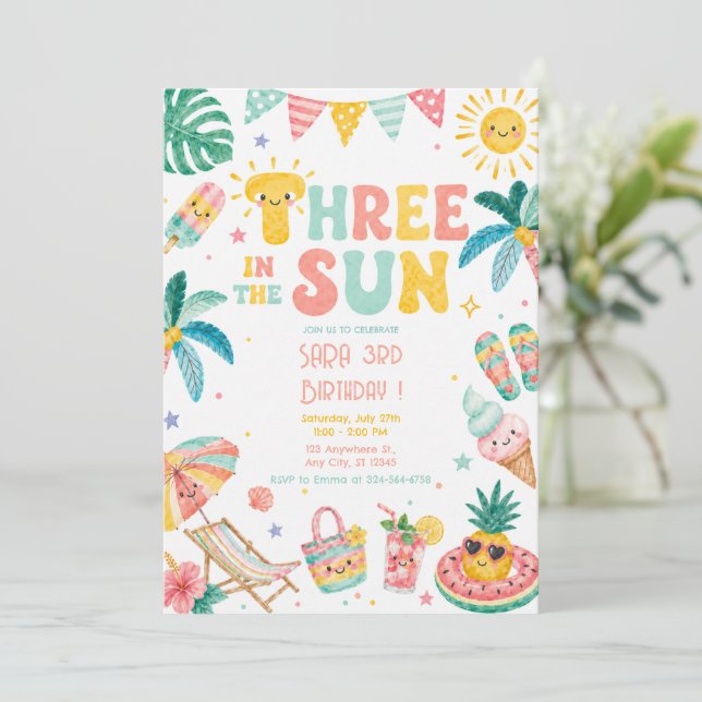 Invitación Three in the Sun Cumpleaños 3 Playa Fiesta  (Anverso de pie)