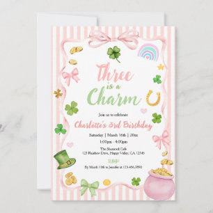 Invitación Three is a Charm Girl 3er Cumpleaños Rosa Trébol d