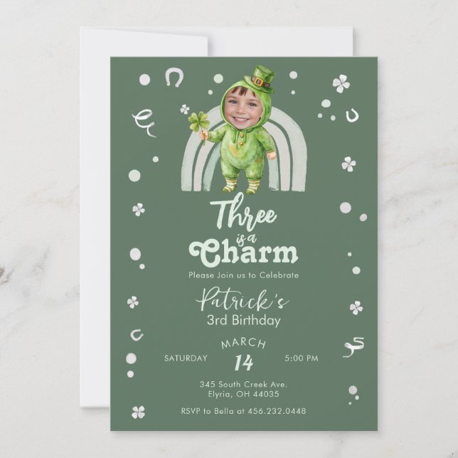 Invitación Three Is A Charm Shamrock Any Age Birthday Photo (Anverso)