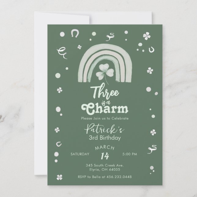 Invitación Three Is A Charm Trébol Cumpleaños de cualquier ed (Anverso)