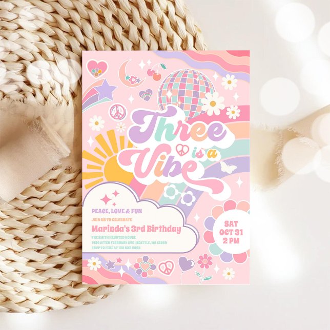 Invitación Three Is A Vibe Sun Rainbow Disco 3rd Birthday (Subido por el creador)
