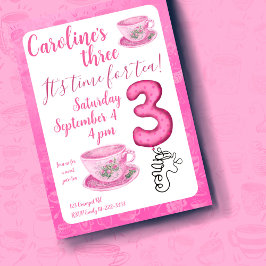 Invitación Three It’s Time for Tea 3rd Birthday Invitation