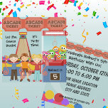 Invitación Three Kids Arcade Birthday Party Invitation<br><div class="desc">If you're having a birthday celebration at an arcade of some sort,  you'll love these easy to customize Arcade Birthday Party invitations. Features arcade games,  three kids,  tickets,  bright colors,  and areas that are easy to add your party specifics to!</div>