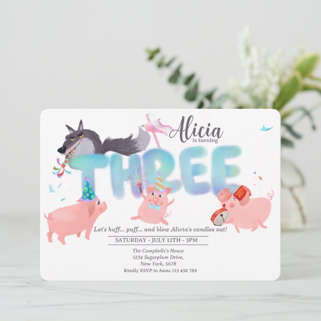 Invitación Three Little Pigs | Big Bad Wolf Storybook (Anverso de pie)