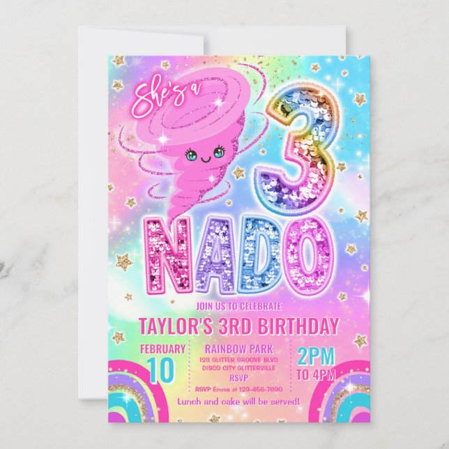 Invitación Three Nado Rainbow Glitter 3rd Birthday Party  (Anverso)