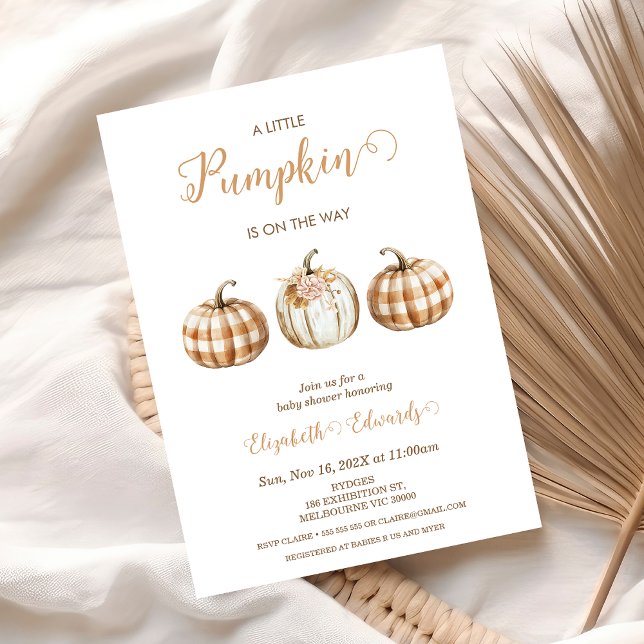Invitación Three Orange Plaid Little Pumpkin Baby Shower  (A little Pumpkin In On The Way Baby Shower Invitation Template, Fall Baby Shower Invite Printable, )
