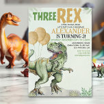 Invitación Three Rex - Funny Birthday 3rd Boy Dinosaur<br><div class="desc">Celebrate that little T-REX with our beautiful Jurassic birthday design for a 3-year-old boy! The design features an image of a Tyrannosaurus Rex and the phrase "THREE REX" with jungle elements and birthday balloons. For complementary products, please check out our collection of this cute dinosaur design for a 3-year-old boy's...</div>