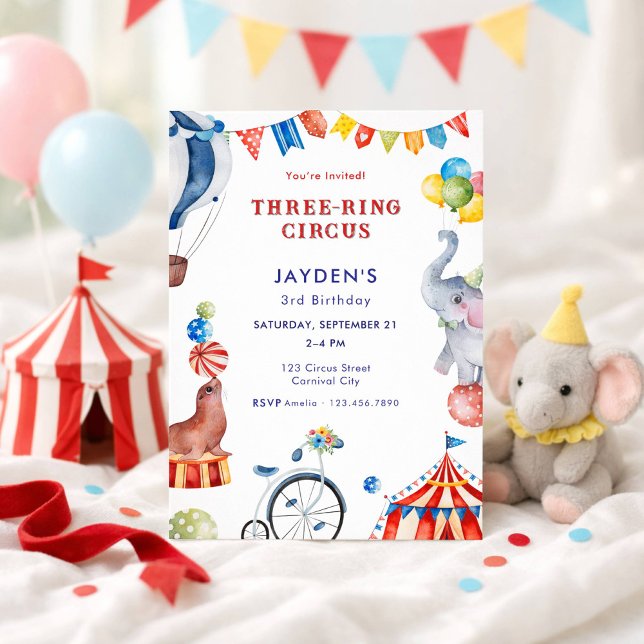 Invitación Three Ring Circus 3rd Birthday Carnival Animal (Subido por el creador)