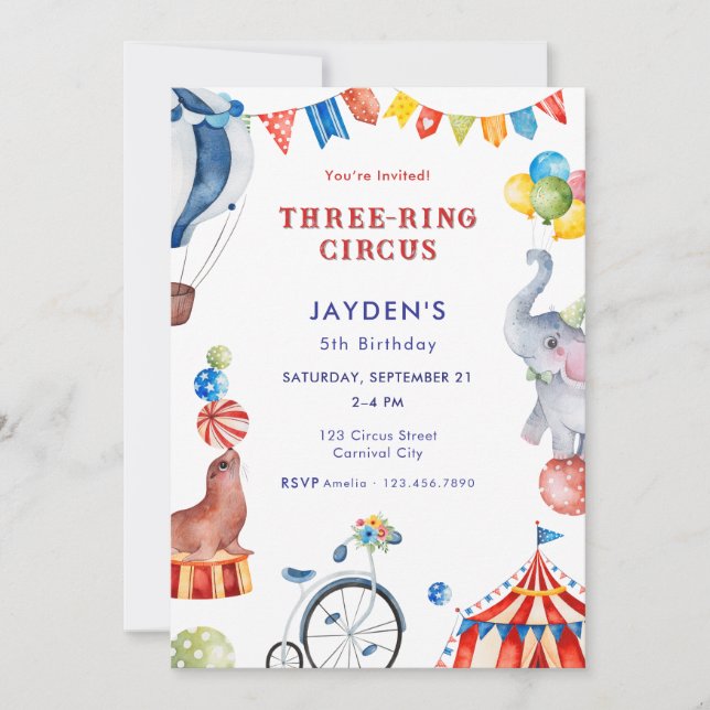 Invitación Three Ring Circus 5th Birthday Carnival Animal (Anverso)