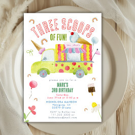 Invitación Three Scoops Of Fun Ice Cream Truck 3rd Birthday 