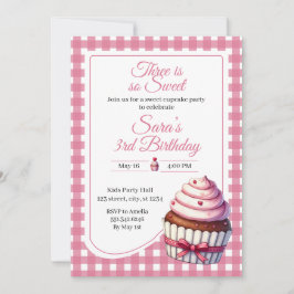 Invitación Three Sweet Pink Cupcake Girl 3rd Birthday Party