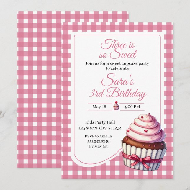 Invitación Three Sweet Pink Cupcake Girl 3rd Birthday Party (Anverso / Reverso)