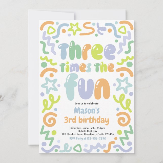 Invitación Three Times The Fun Confetti Balloon 3rd Birthday  (Anverso)