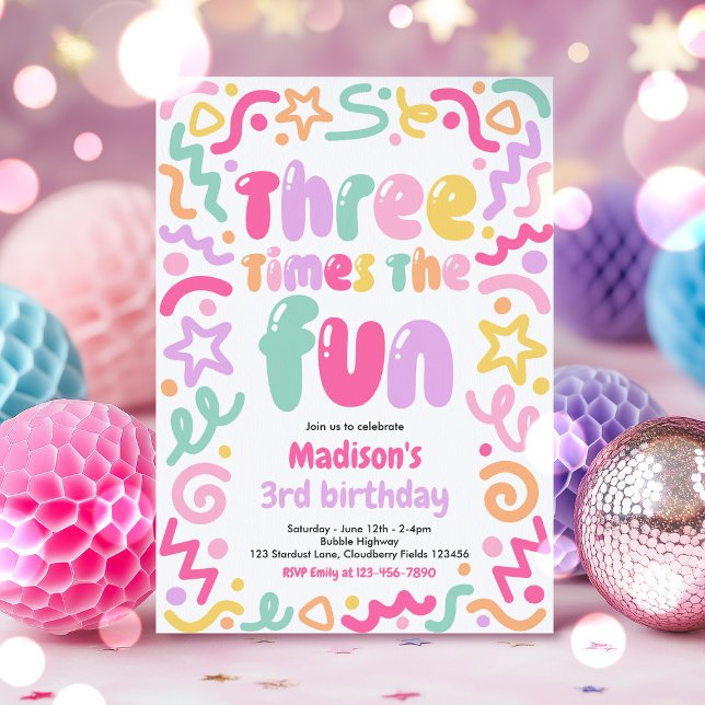 Invitación Three Times The Fun Confetti Balloon 3rd Birthday  (Subido por el creador)