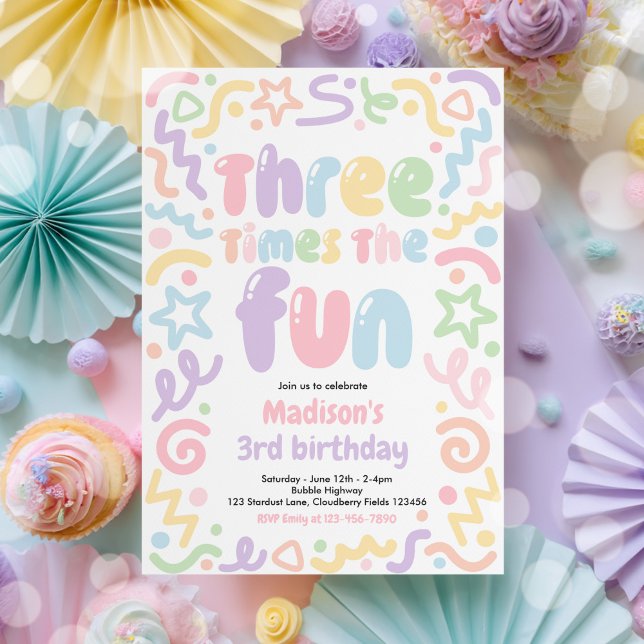 Invitación Three Times The Fun Confetti Balloon 3rd Birthday  (Subido por el creador)