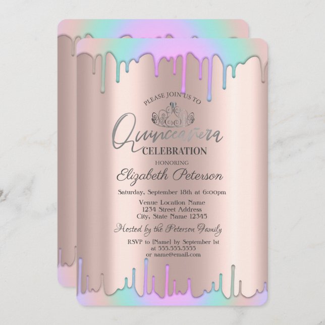 Invitación Tiara, Arcoiris Cae Oro Rosa Quinceañera (Anverso / Reverso)