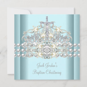 Invitación Tiara Azul de Bautismo Plata Perla Blanca Diamante
