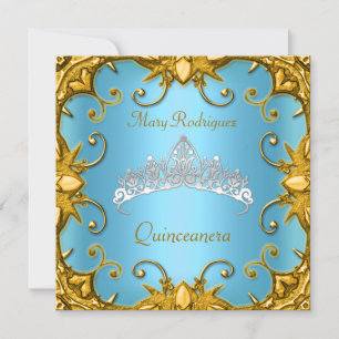Invitación Tiara Azul Dorado Blanco para Fiesta de Cumpleaños