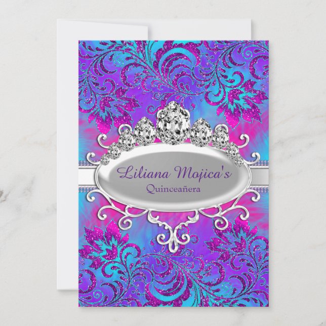 Invitación Tiara azul morado y quinceanera floral Purpurina (Anverso)
