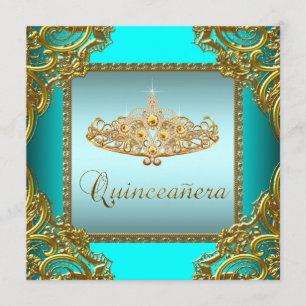 Invitación Tiara azul verde azulada Quinceanera del oro