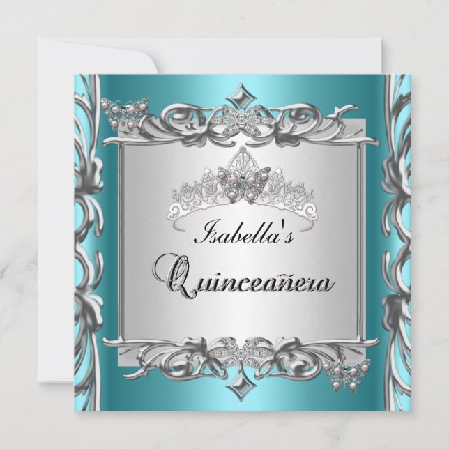 Invitación Tiara azul verde azulado Quinceanera 15 años (Anverso)