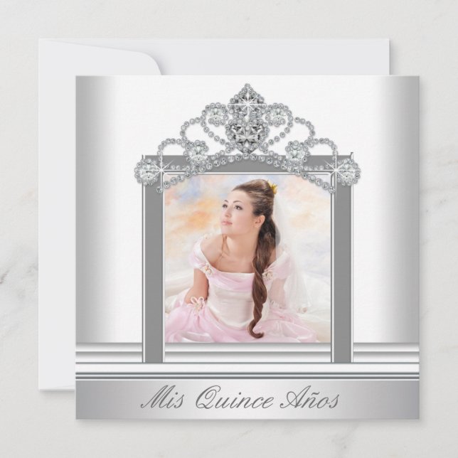 Invitación Tiara blanca foto dulce Quinceanera (Anverso)