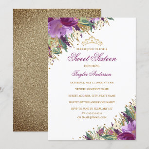 Invitación Tiara Brillo Ametista Floral Morado Dulces Diecisé
