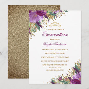Invitación Tiara Brillo Ametista Morado Floral Quinceañera