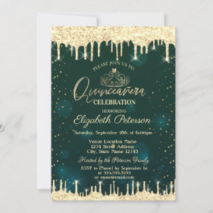 Invitación Tiara, Brillos Dorados Estrellas Quinceañera Verde