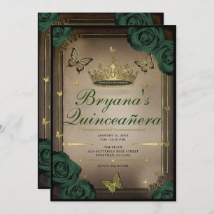 Invitación Tiara Butterflies Rosas verdes esmeraldas Quinceañ