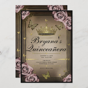 Invitación Tiara Butterflies Roses rosa pálido Quinceañera