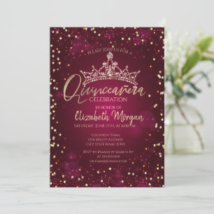 Invitación Tiara Chic, Diamantes Quinceañera Burgundy