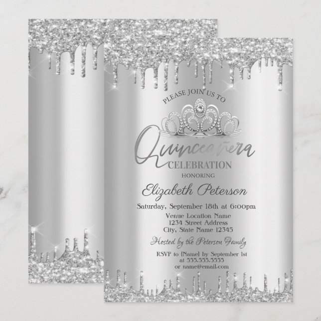 Invitación Tiara Chic, Gotitas de Brillo de Plata Quinceañera (Anverso / Reverso)