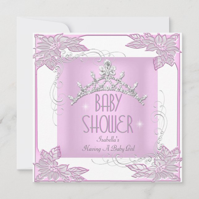 Invitación Tiara, Chica de Baby Shower blanco rosado (Anverso)