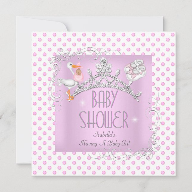 Invitación Tiara, Chica de Baby Shower blanco rosado (Anverso)