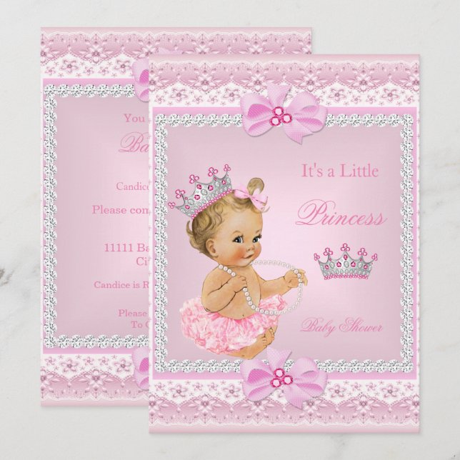 Invitación Tiara Chica Princesa Baby Shower Perlas rosadas (Anverso / Reverso)