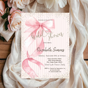 Invitación Tiara, Confeti, Lazo Rosa Rayado Bridal Shower