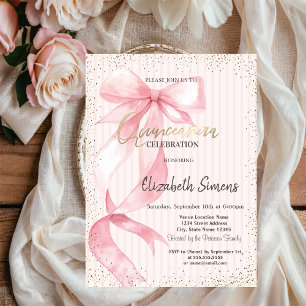 Invitación Tiara,Confeti,Lazo Rosa Rayado Cumple Dulces 16