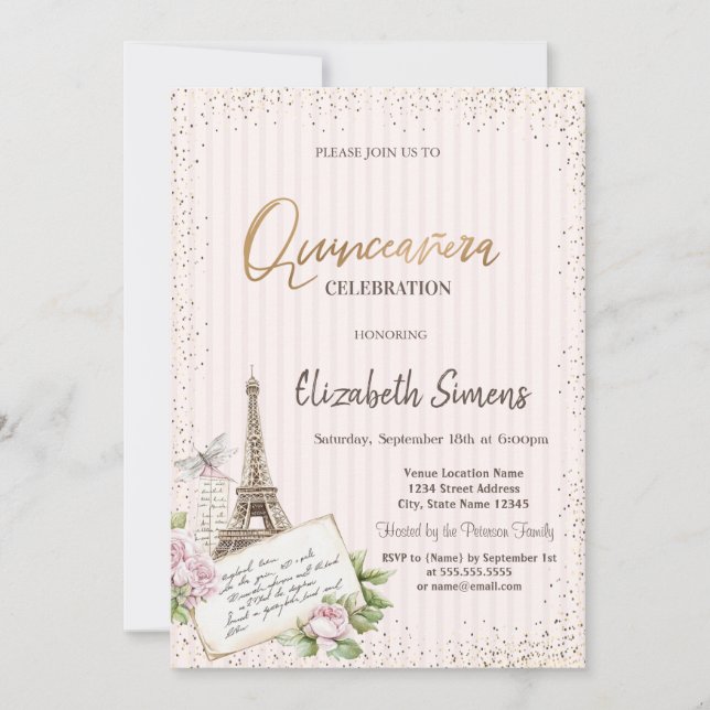 Invitación Tiara,Confeti,Torre Eiffel Rosas Rayado (Anverso)