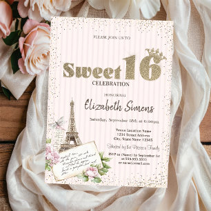 Invitación Tiara,Confeti,Torre Eiffel Rosas Rayado Dulces 16