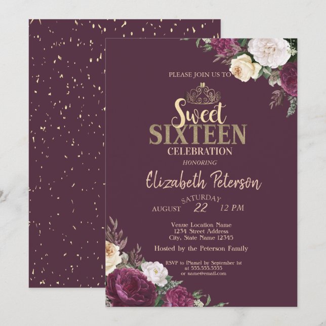 Invitación Tiara, Confetti Borgoña Dulce Floral 16 Fiesta (Anverso / Reverso)