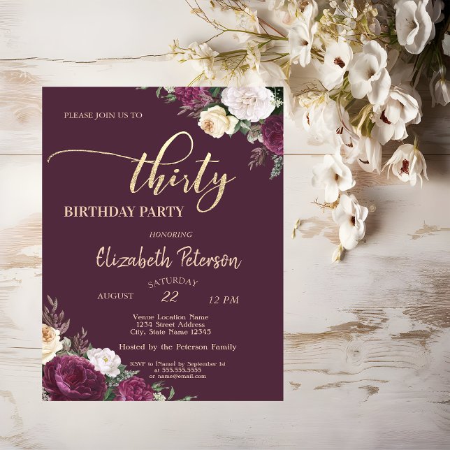 Invitación Tiara, Confetti Burgundy Floral 30. Fiesta de cump (Subido por el creador)