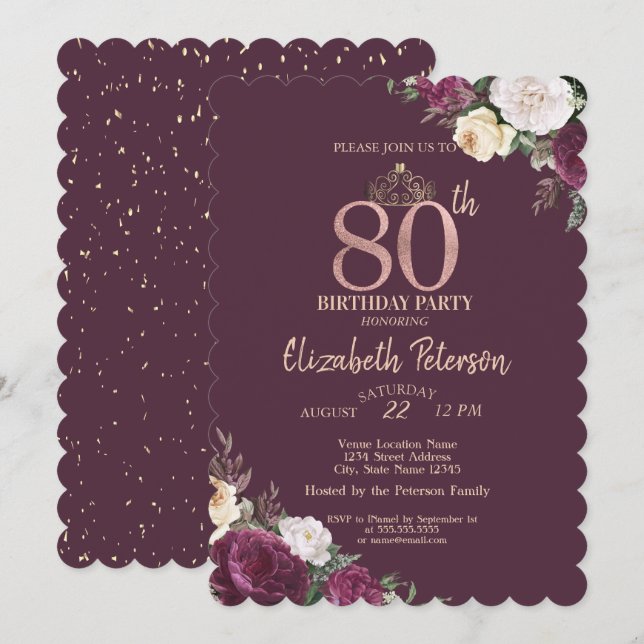 Invitación Tiara, Confetti Burgundy Floral 80 cumpleaños (Anverso / Reverso)