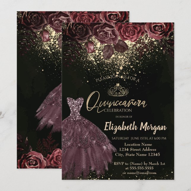 Invitación Tiara, Confetti Burgundy Flowers Vestido Quinceañe (Anverso / Reverso)