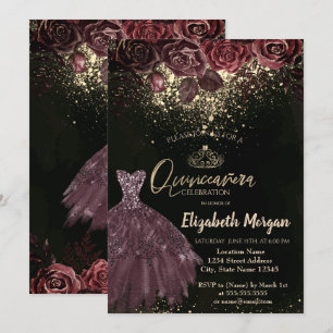 Invitación Tiara, Confetti Burgundy Flowers Vestido Quinceañe