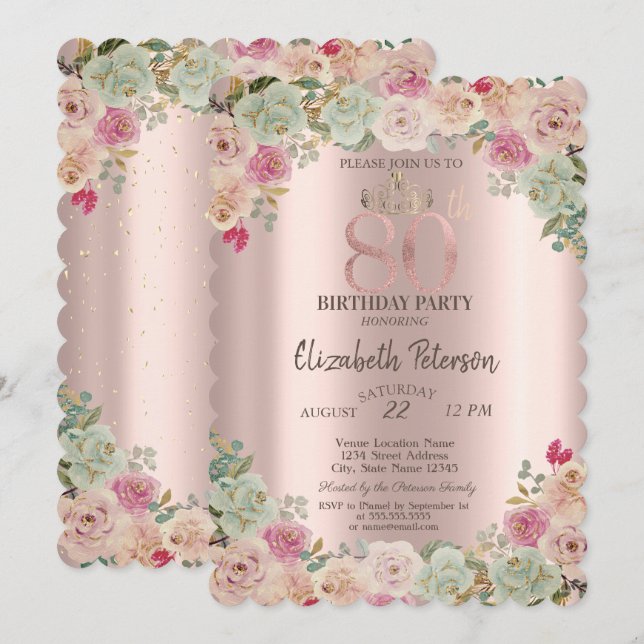 Invitación Tiara, Confetti Floral 80 cumpleaños (Anverso / Reverso)