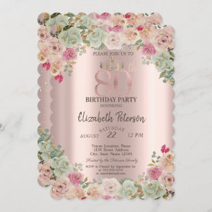 Invitación Tiara, Confetti Floral 80 cumpleaños