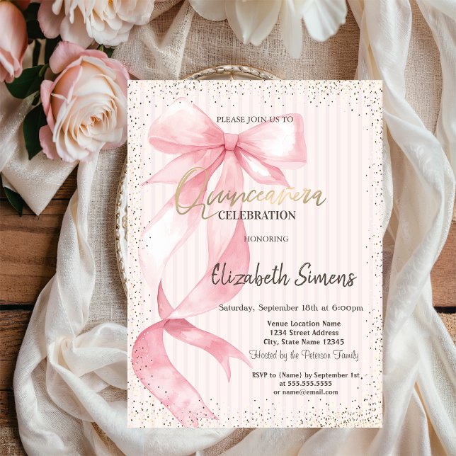 Invitación Tiara,Confetti,Pink Bow Striped Sweet 16 (Subido por el creador)