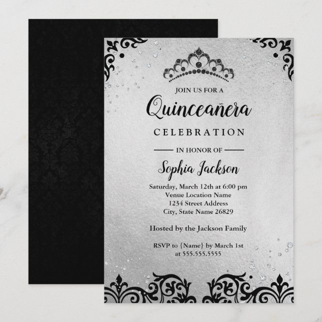 Invitación Tiara Damask Quinceanera (Anverso / Reverso)