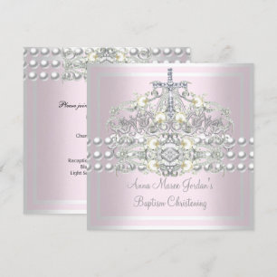 Invitación Tiara de bautismo rosa perla blanca diamante plata
